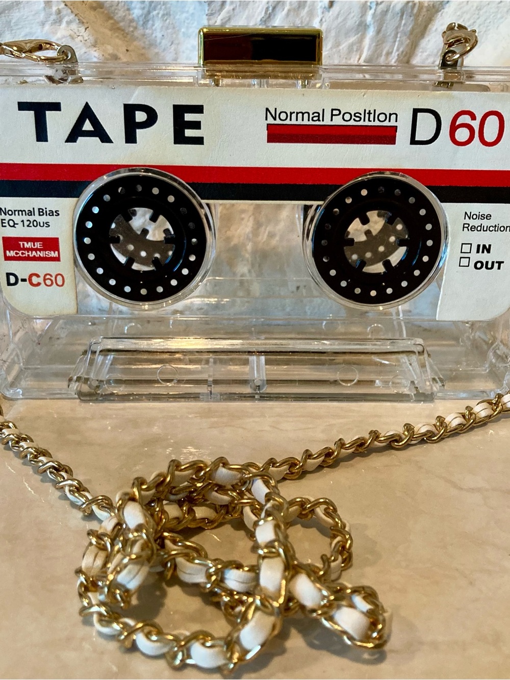 80’s PARTY READY Retro Cassette Tape Crossbody Bag - Clear w/Black & Red Detail - Picture 7 of 16